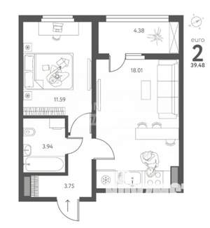 1-к квартира, вторичка, 39м2, 12/17 этаж