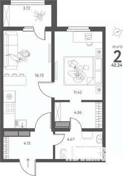 1-к квартира, вторичка, 42м2, 16/17 этаж