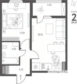 1-к квартира, вторичка, 39м2, 5/17 этаж