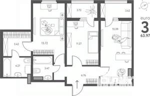 2-к квартира, сданный дом, 64м2, 15/17 этаж