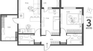3-к квартира, строящийся дом, 70м2, 8/17 этаж