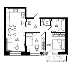 2-к квартира, строящийся дом, 53м2, 10/15 этаж