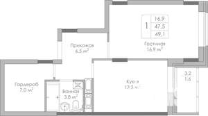 1-к квартира, строящийся дом, 49м2, 8/19 этаж
