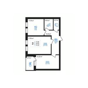 2-к квартира, строящийся дом, 61м2, 3/8 этаж