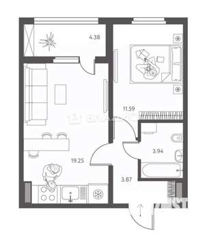 1-к квартира, сданный дом, 37м2, 9/18 этаж