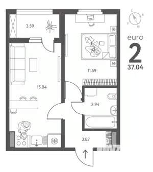 1-к квартира, строящийся дом, 37м2, 7/18 этаж