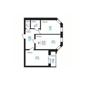 2-к квартира, строящийся дом, 62м2, 6/8 этаж
