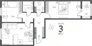 2-к квартира, сданный дом, 62м2, 9/17 этаж