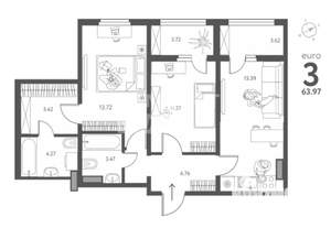 3-к квартира, вторичка, 64м2, 12/17 этаж