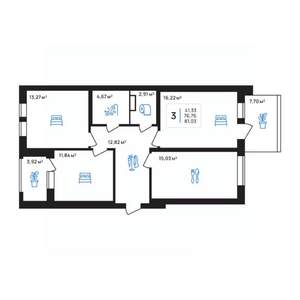 3-к квартира, строящийся дом, 81м2, 1/8 этаж