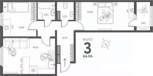 2-к квартира, сданный дом, 64м2, 15/17 этаж