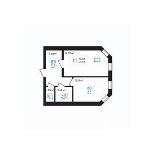 1-к квартира, строящийся дом, 44м2, 1/8 этаж