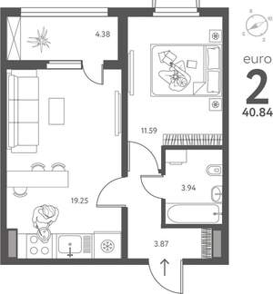 1-к квартира, вторичка, 41м2, 12/18 этаж