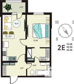 1-к квартира, сданный дом, 42м2, 16/17 этаж