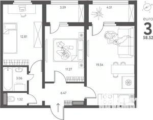 2-к квартира, сданный дом, 59м2, 3/17 этаж