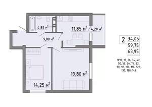2-к квартира, строящийся дом, 64м2, 13/19 этаж