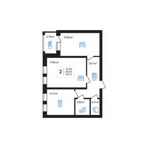 2-к квартира, строящийся дом, 61м2, 3/8 этаж