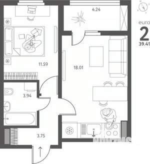 1-к квартира, вторичка, 39м2, 14/17 этаж