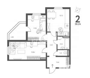 2-к квартира, вторичка, 58м2, 12/18 этаж