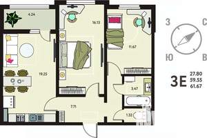 2-к квартира, вторичка, 62м2, 3/18 этаж