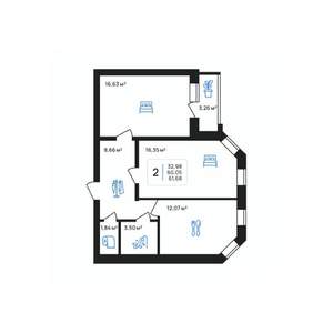 2-к квартира, строящийся дом, 62м2, 6/8 этаж