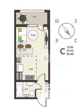 Студия квартира, вторичка, 27м2, 17/18 этаж