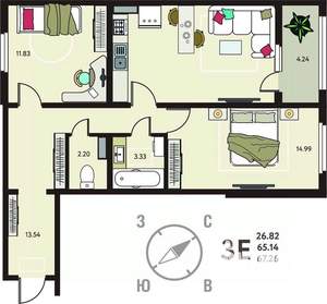 2-к квартира, сданный дом, 67м2, 15/17 этаж