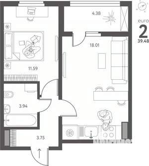 1-к квартира, вторичка, 39м2, 5/17 этаж