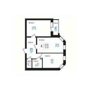 2-к квартира, строящийся дом, 62м2, 3/8 этаж