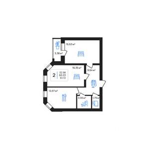 2-к квартира, строящийся дом, 62м2, 2/8 этаж