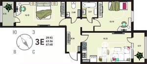 2-к квартира, вторичка, 67м2, 10/18 этаж