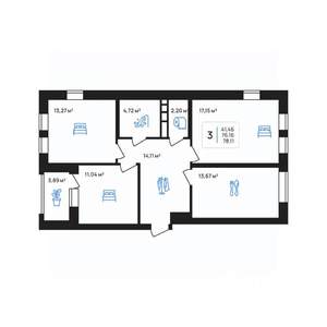3-к квартира, строящийся дом, 78м2, 5/8 этаж