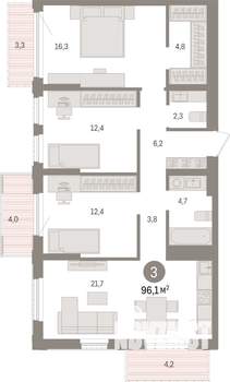 3-к квартира, строящийся дом, 96м2, 13/25 этаж