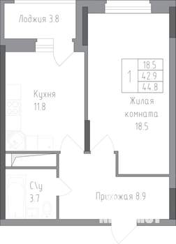 1-к квартира, строящийся дом, 45м2, 17/19 этаж