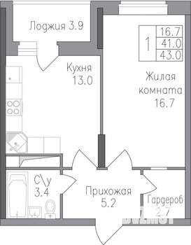 1-к квартира, строящийся дом, 43м2, 4/17 этаж
