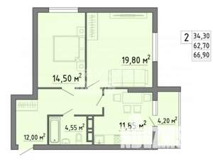 2-к квартира, вторичка, 67м2, 2/19 этаж