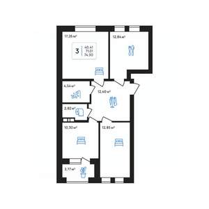 3-к квартира, строящийся дом, 75м2, 2/8 этаж