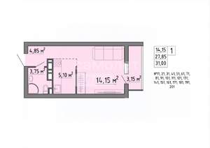 1-к квартира, вторичка, 31м2, 2/19 этаж