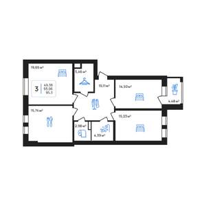 3-к квартира, строящийся дом, 95м2, 2/7 этаж