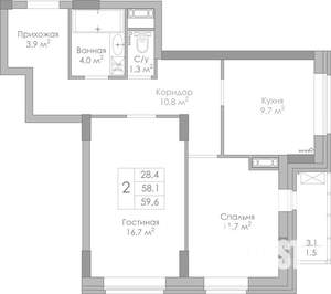 2-к квартира, строящийся дом, 60м2, 4/25 этаж