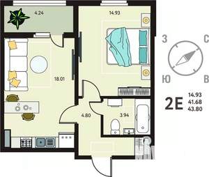 1-к квартира, сданный дом, 44м2, 16/18 этаж