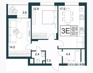 2-к квартира, вторичка, 61м2, 10/17 этаж