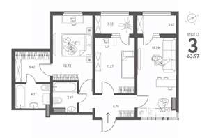 2-к квартира, строящийся дом, 64м2, 4/17 этаж