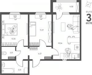 2-к квартира, вторичка, 61м2, 5/17 этаж