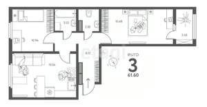 3-к квартира, вторичка, 62м2, 2/17 этаж
