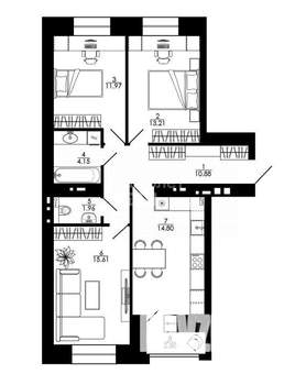 3-к квартира, строящийся дом, 77м2, 2/17 этаж