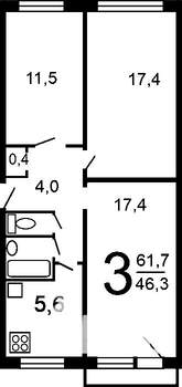 3-к квартира, вторичка, 61м2, 5/5 этаж