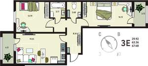2-к квартира, сданный дом, 67м2, 15/18 этаж