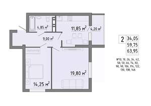 2-к квартира, строящийся дом, 64м2, 9/19 этаж