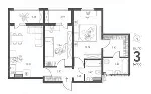 2-к квартира, строящийся дом, 67м2, 7/18 этаж